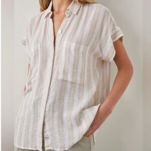 Rails Cito Shore Stripe Short Sleeve Button Down Shirt Linen Large Khaki Tan